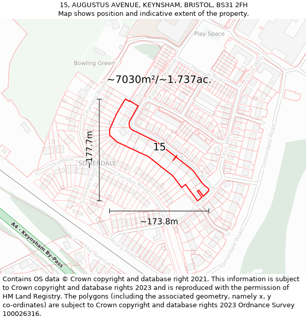 15, AUGUSTUS AVENUE, KEYNSHAM, BRISTOL, BS31 2FH: Plot and title map