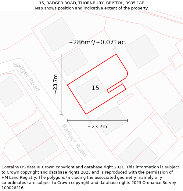 15, BADGER ROAD, THORNBURY, BRISTOL, BS35 1AB: Plot and title map