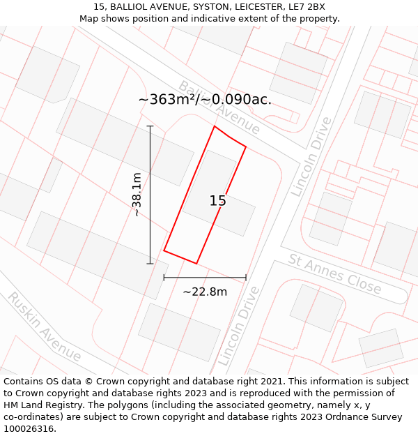 15, BALLIOL AVENUE, SYSTON, LEICESTER, LE7 2BX: Plot and title map