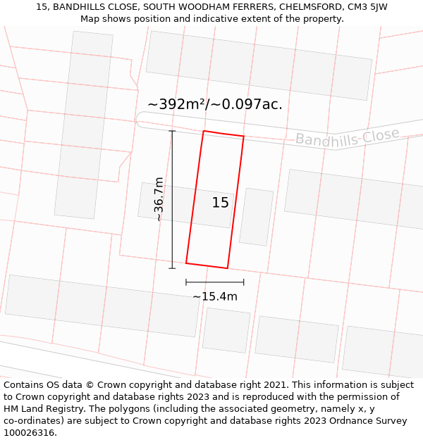 15, BANDHILLS CLOSE, SOUTH WOODHAM FERRERS, CHELMSFORD, CM3 5JW: Plot and title map