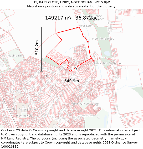 15, BASS CLOSE, LINBY, NOTTINGHAM, NG15 8JW: Plot and title map