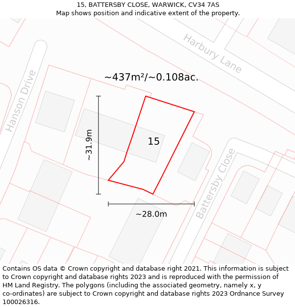 15, BATTERSBY CLOSE, WARWICK, CV34 7AS: Plot and title map