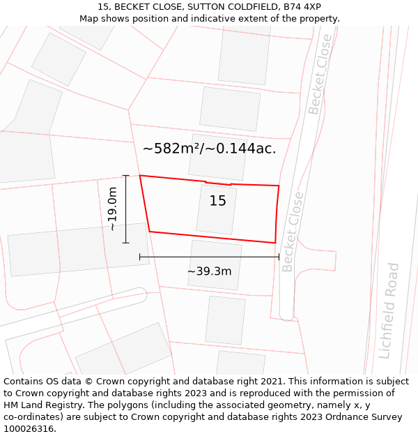 15, BECKET CLOSE, SUTTON COLDFIELD, B74 4XP: Plot and title map