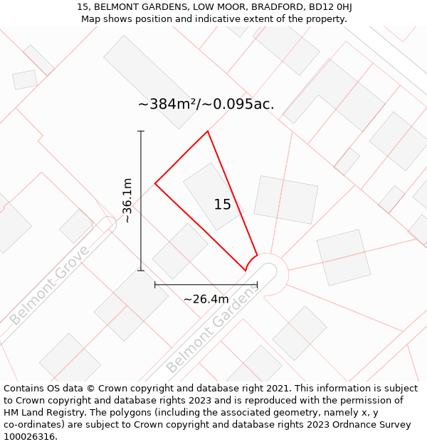 15, BELMONT GARDENS, LOW MOOR, BRADFORD, BD12 0HJ: Plot and title map