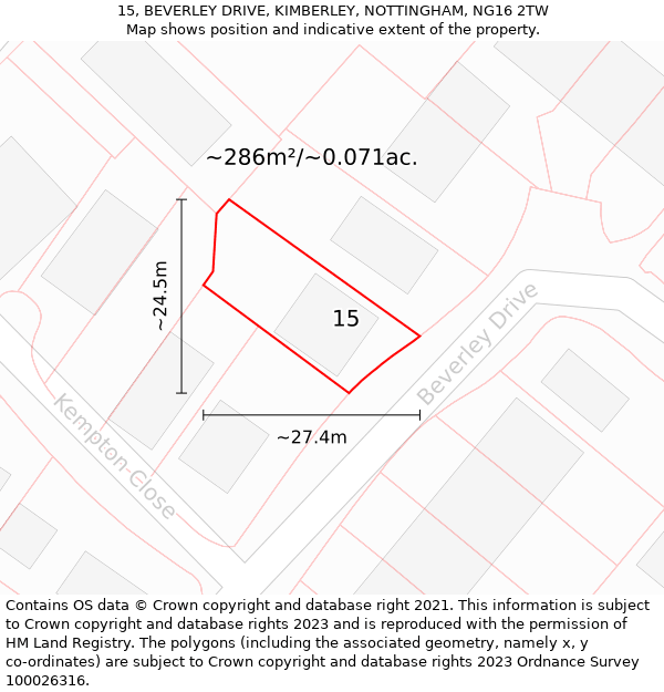 15, BEVERLEY DRIVE, KIMBERLEY, NOTTINGHAM, NG16 2TW: Plot and title map