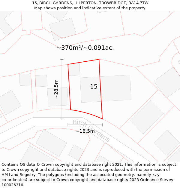 15, BIRCH GARDENS, HILPERTON, TROWBRIDGE, BA14 7TW: Plot and title map