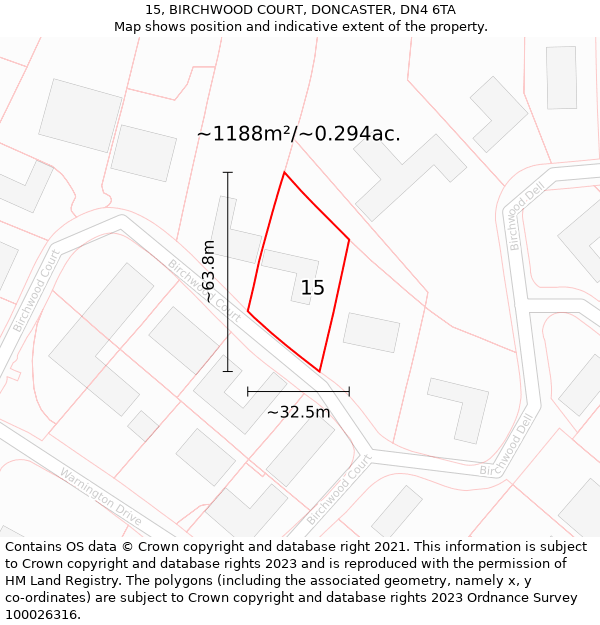 15, BIRCHWOOD COURT, DONCASTER, DN4 6TA: Plot and title map