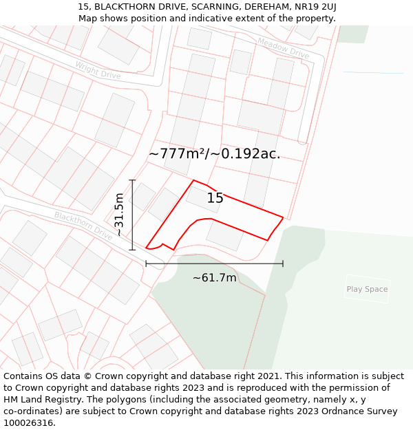 15, BLACKTHORN DRIVE, SCARNING, DEREHAM, NR19 2UJ: Plot and title map