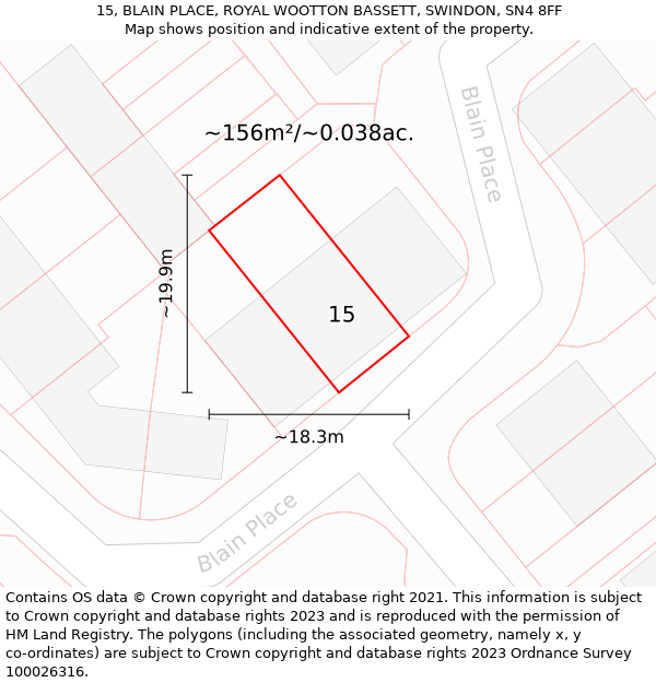 15, BLAIN PLACE, ROYAL WOOTTON BASSETT, SWINDON, SN4 8FF: Plot and title map