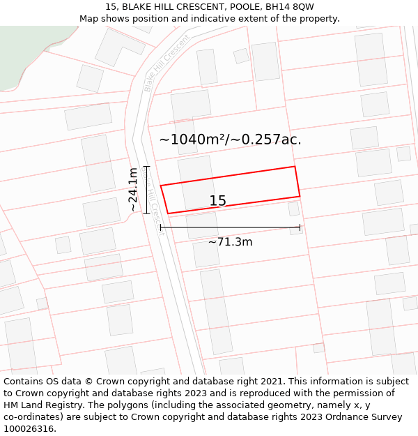 15, BLAKE HILL CRESCENT, POOLE, BH14 8QW: Plot and title map