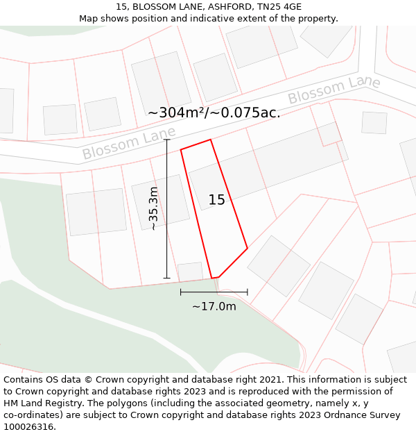 15, BLOSSOM LANE, ASHFORD, TN25 4GE: Plot and title map