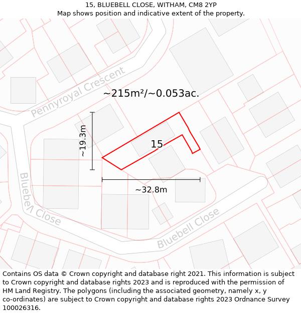 15, BLUEBELL CLOSE, WITHAM, CM8 2YP: Plot and title map