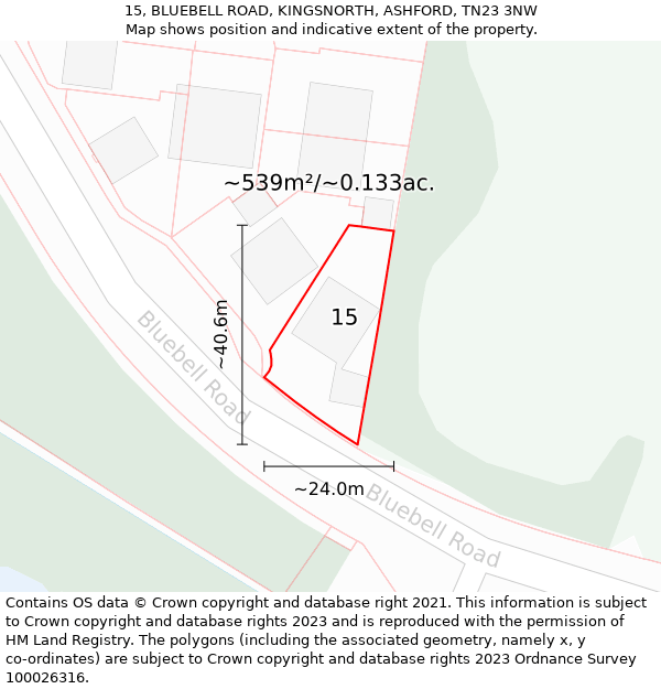 15, BLUEBELL ROAD, KINGSNORTH, ASHFORD, TN23 3NW: Plot and title map