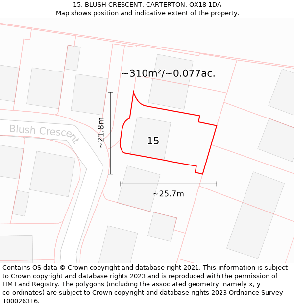 15, BLUSH CRESCENT, CARTERTON, OX18 1DA: Plot and title map