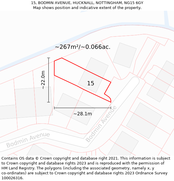 15, BODMIN AVENUE, HUCKNALL, NOTTINGHAM, NG15 6GY: Plot and title map