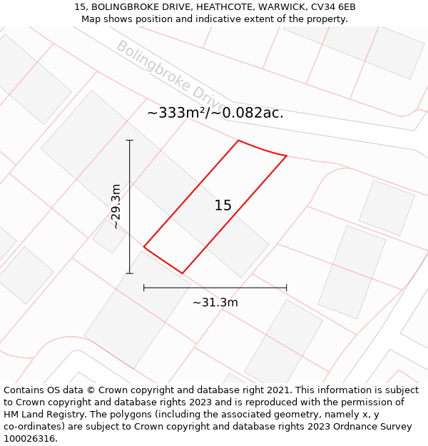 15, BOLINGBROKE DRIVE, HEATHCOTE, WARWICK, CV34 6EB: Plot and title map