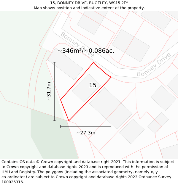 15, BONNEY DRIVE, RUGELEY, WS15 2FY: Plot and title map