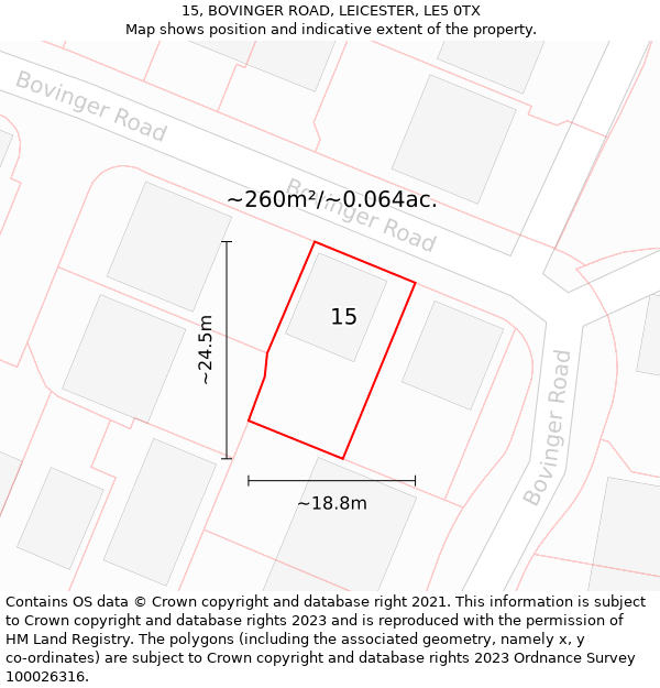 15, BOVINGER ROAD, LEICESTER, LE5 0TX: Plot and title map