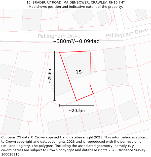 15, BRADBURY ROAD, MAIDENBOWER, CRAWLEY, RH10 7HY: Plot and title map