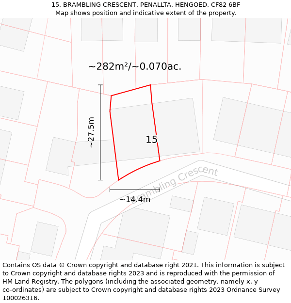 15, BRAMBLING CRESCENT, PENALLTA, HENGOED, CF82 6BF: Plot and title map