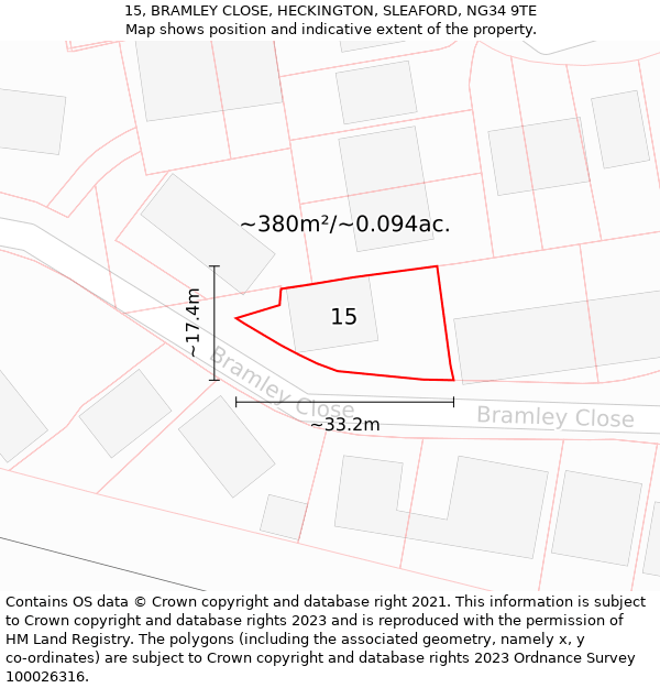 15, BRAMLEY CLOSE, HECKINGTON, SLEAFORD, NG34 9TE: Plot and title map