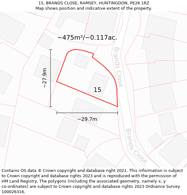 15, BRANDS CLOSE, RAMSEY, HUNTINGDON, PE26 1RZ: Plot and title map