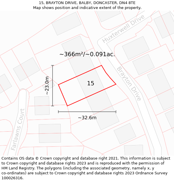 15, BRAYTON DRIVE, BALBY, DONCASTER, DN4 8TE: Plot and title map