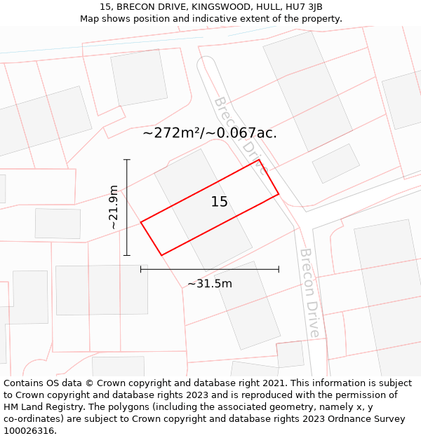 15, BRECON DRIVE, KINGSWOOD, HULL, HU7 3JB: Plot and title map