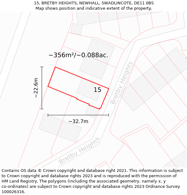 15, BRETBY HEIGHTS, NEWHALL, SWADLINCOTE, DE11 0BS: Plot and title map