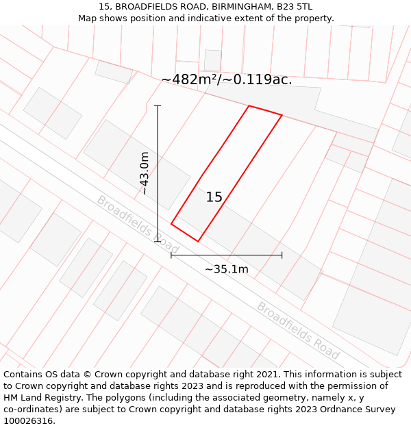 15, BROADFIELDS ROAD, BIRMINGHAM, B23 5TL: Plot and title map