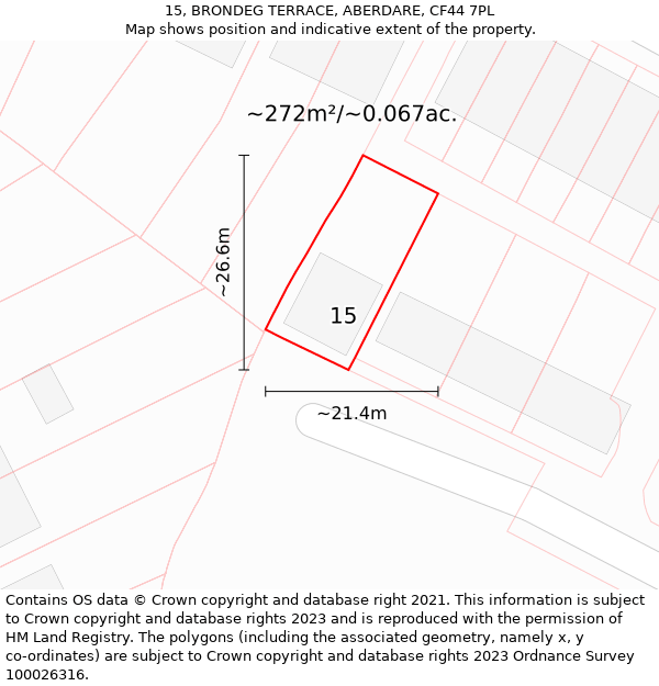 15, BRONDEG TERRACE, ABERDARE, CF44 7PL: Plot and title map