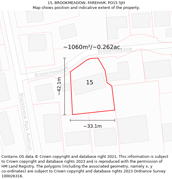 15, BROOKMEADOW, FAREHAM, PO15 5JH: Plot and title map