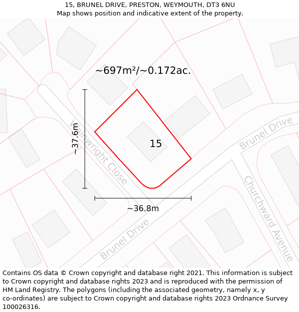 15, BRUNEL DRIVE, PRESTON, WEYMOUTH, DT3 6NU: Plot and title map