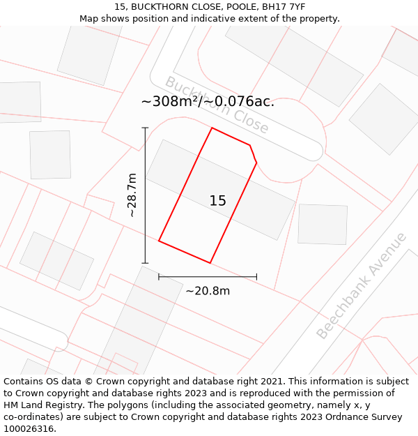 15, BUCKTHORN CLOSE, POOLE, BH17 7YF: Plot and title map