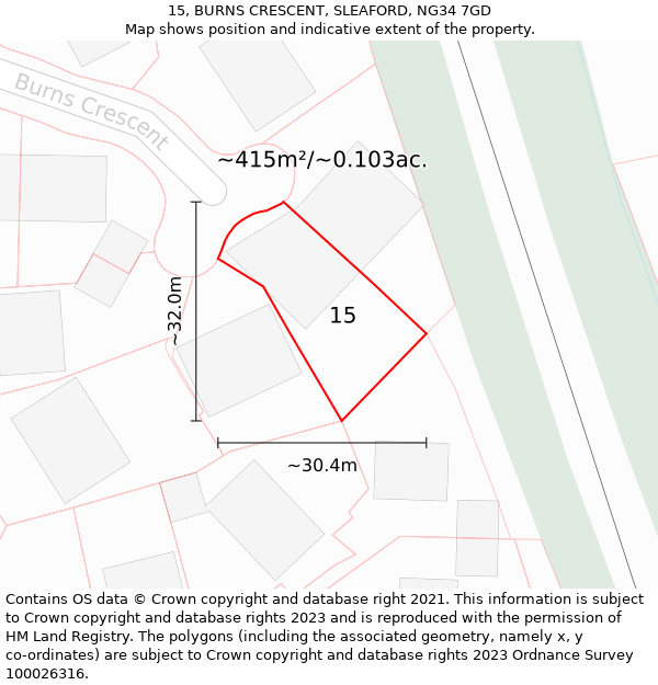 15, BURNS CRESCENT, SLEAFORD, NG34 7GD: Plot and title map