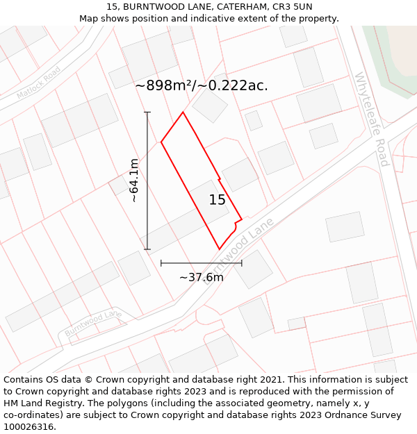 15, BURNTWOOD LANE, CATERHAM, CR3 5UN: Plot and title map