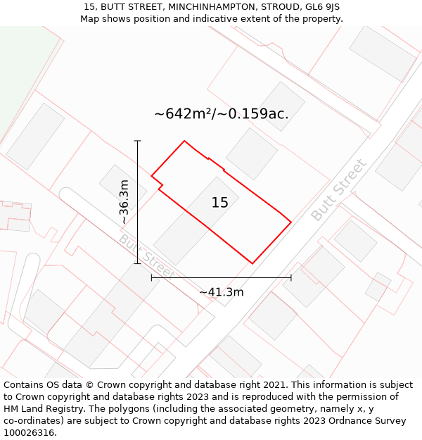 15, BUTT STREET, MINCHINHAMPTON, STROUD, GL6 9JS: Plot and title map