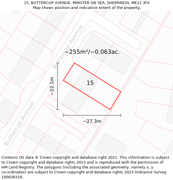 15, BUTTERCUP AVENUE, MINSTER ON SEA, SHEERNESS, ME12 3FX: Plot and title map