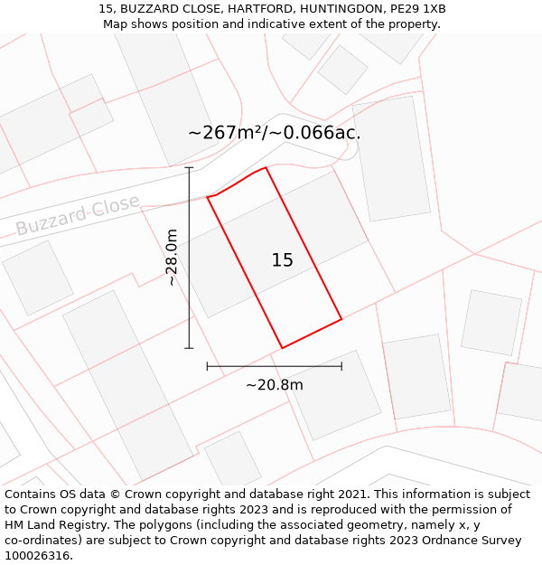 15, BUZZARD CLOSE, HARTFORD, HUNTINGDON, PE29 1XB: Plot and title map