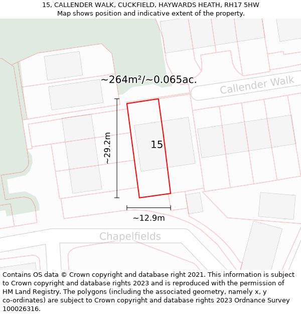 15, CALLENDER WALK, CUCKFIELD, HAYWARDS HEATH, RH17 5HW: Plot and title map