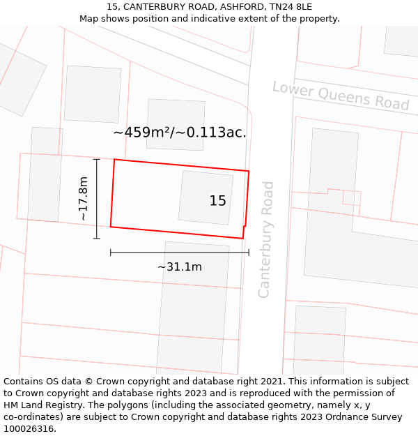 15, CANTERBURY ROAD, ASHFORD, TN24 8LE: Plot and title map