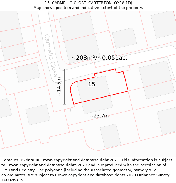 15, CARMELLO CLOSE, CARTERTON, OX18 1DJ: Plot and title map