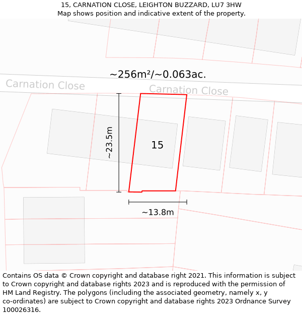 15, CARNATION CLOSE, LEIGHTON BUZZARD, LU7 3HW: Plot and title map