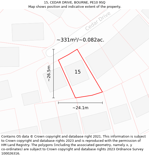 15, CEDAR DRIVE, BOURNE, PE10 9SQ: Plot and title map