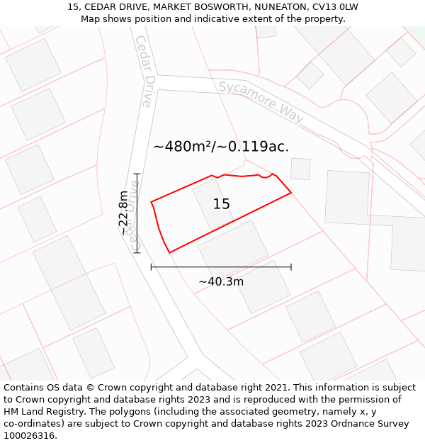 15, CEDAR DRIVE, MARKET BOSWORTH, NUNEATON, CV13 0LW: Plot and title map