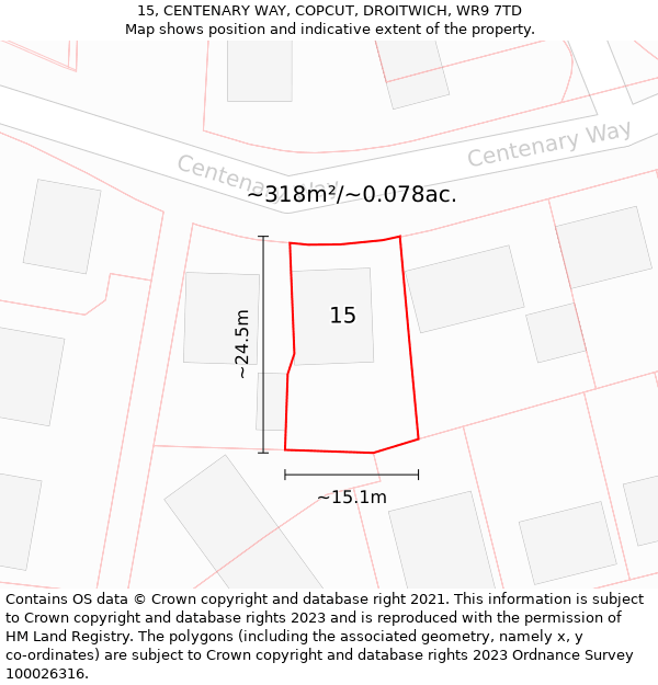 15, CENTENARY WAY, COPCUT, DROITWICH, WR9 7TD: Plot and title map