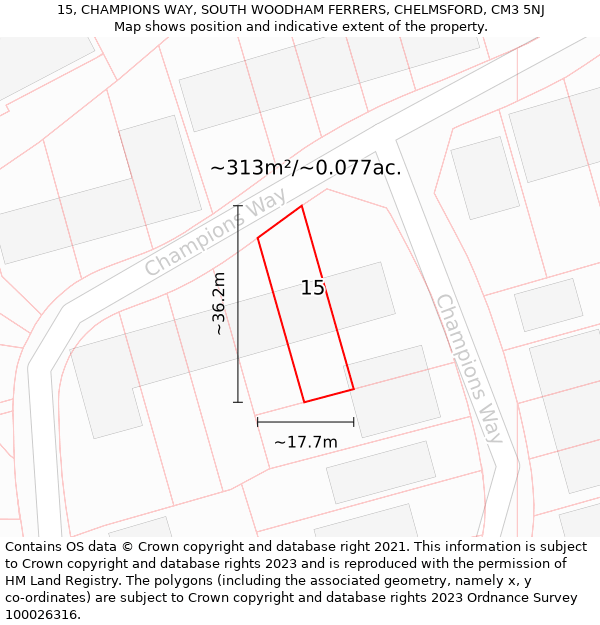 15, CHAMPIONS WAY, SOUTH WOODHAM FERRERS, CHELMSFORD, CM3 5NJ: Plot and title map