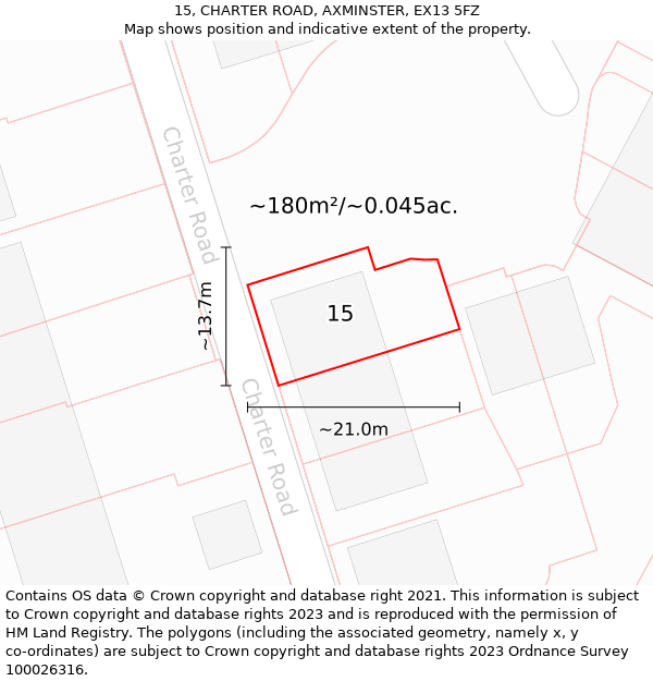 15, CHARTER ROAD, AXMINSTER, EX13 5FZ: Plot and title map