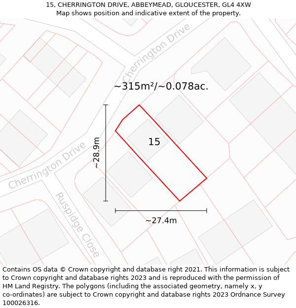 15, CHERRINGTON DRIVE, ABBEYMEAD, GLOUCESTER, GL4 4XW: Plot and title map