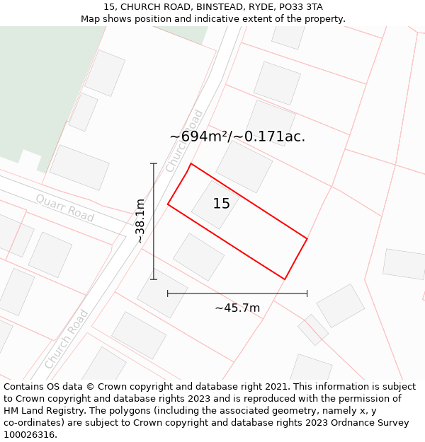 15, CHURCH ROAD, BINSTEAD, RYDE, PO33 3TA: Plot and title map